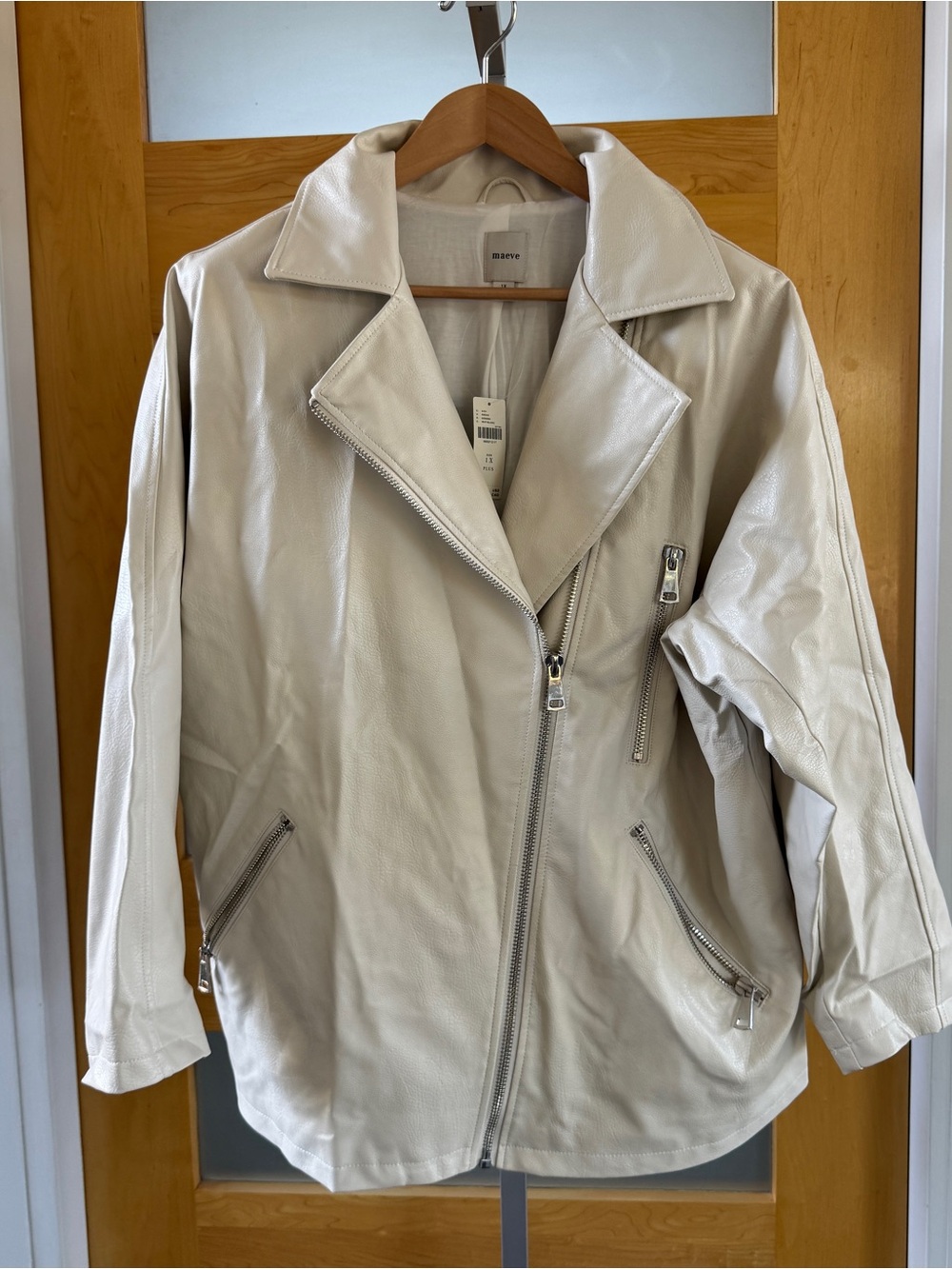 Maeve Cream Leather Asymmetrical Zip Jacket